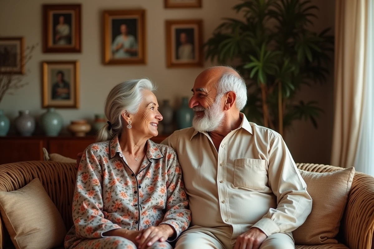 Couple de parents d'origine marocaine assis dans un salon traditionnel, illustrant les racines familiales et l'héritage culturel d'une personnalité publique