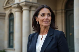 Portrait d'une femme d'origine maghrébine en veste marine devant un bâtiment institutionnel, évoquant le parcours public de Najwa El Haïté