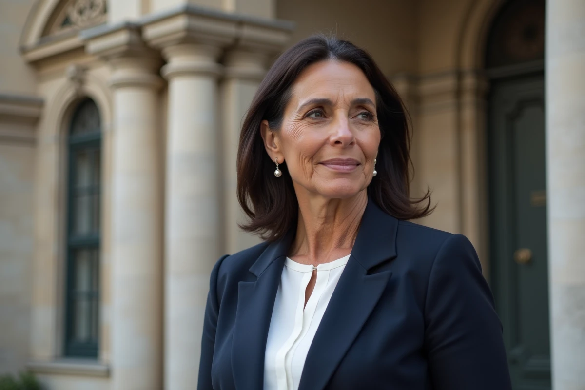 Portrait d'une femme d'origine maghrébine en veste marine devant un bâtiment institutionnel, évoquant le parcours public de Najwa El Haïté
