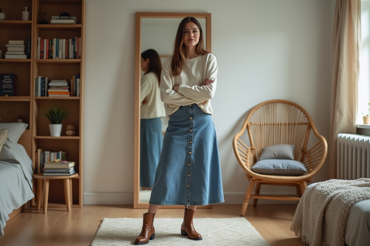 Personne non binaire dans une chambre avec miroir et ambiance chaleureuse
