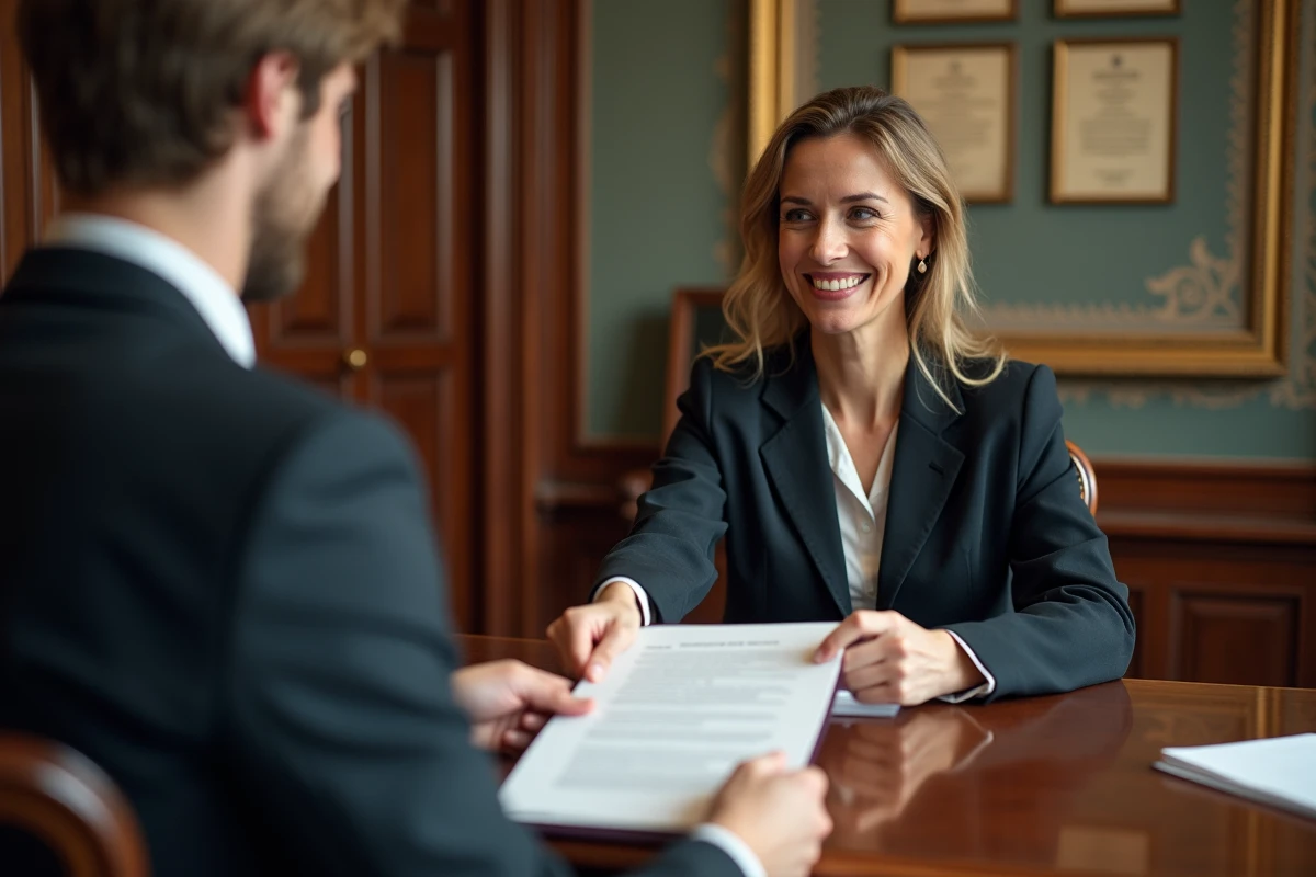 Notaire professionnel remettant des documents à un client