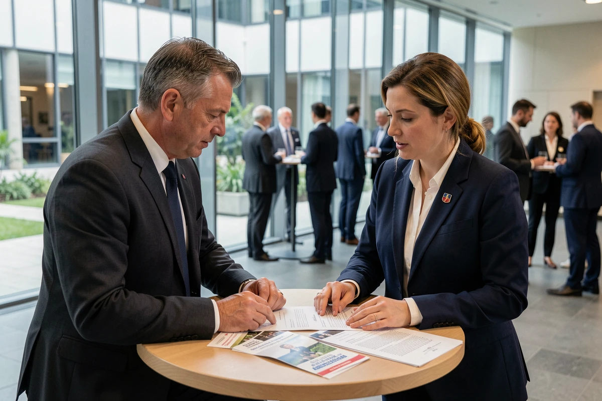 Deux notaires internationaux en discussion professionnelle lors d'un congrès du notariat comparatif