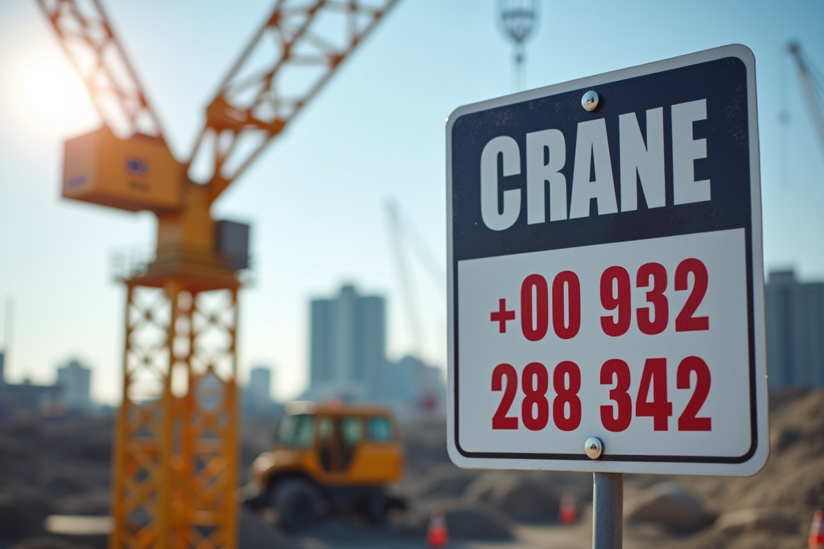Panneau de location de grue avec chantier en arrière-plan en plein jour