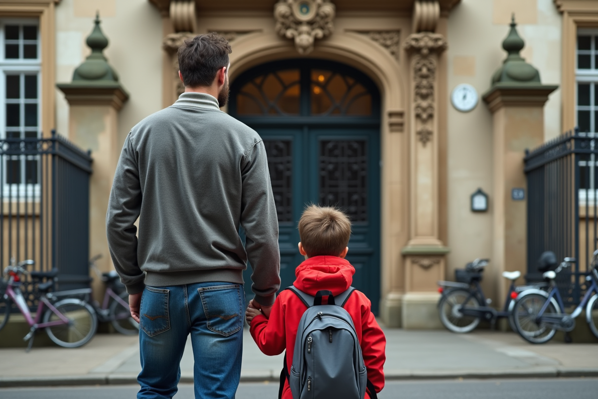 Père et enfant devant une école française ancienne