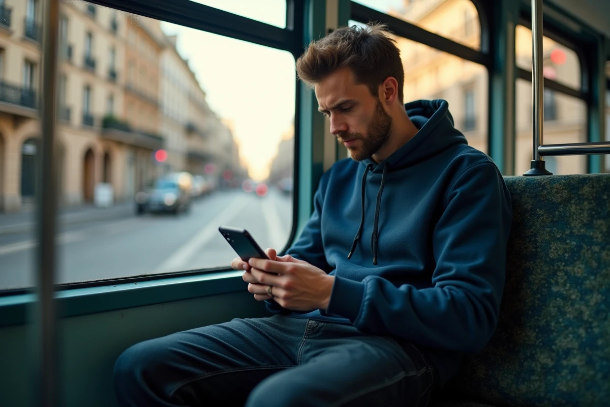 Passager consultant une application de transports en commun à bord d'un tramway de Toulouse