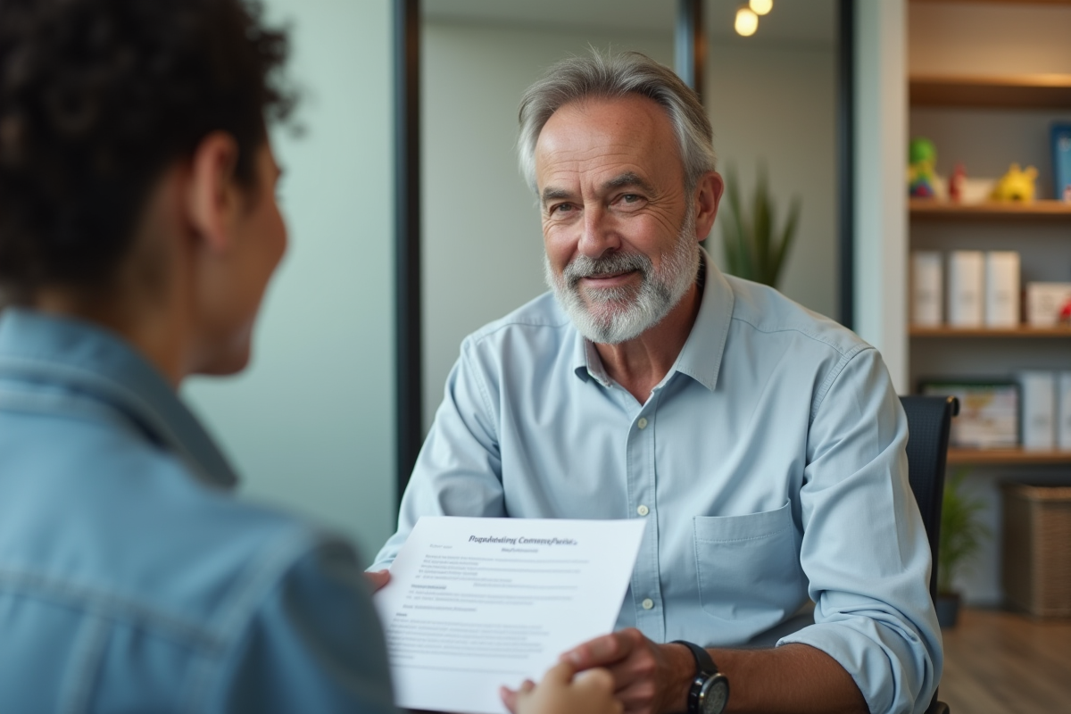Pere remettant des documents à une travailleuse sociale dans un centre