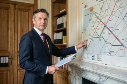 Philippe Tabarot, ministre des Transports 2026, dans un bureau ministériel parisien devant une carte du réseau ferroviaire français