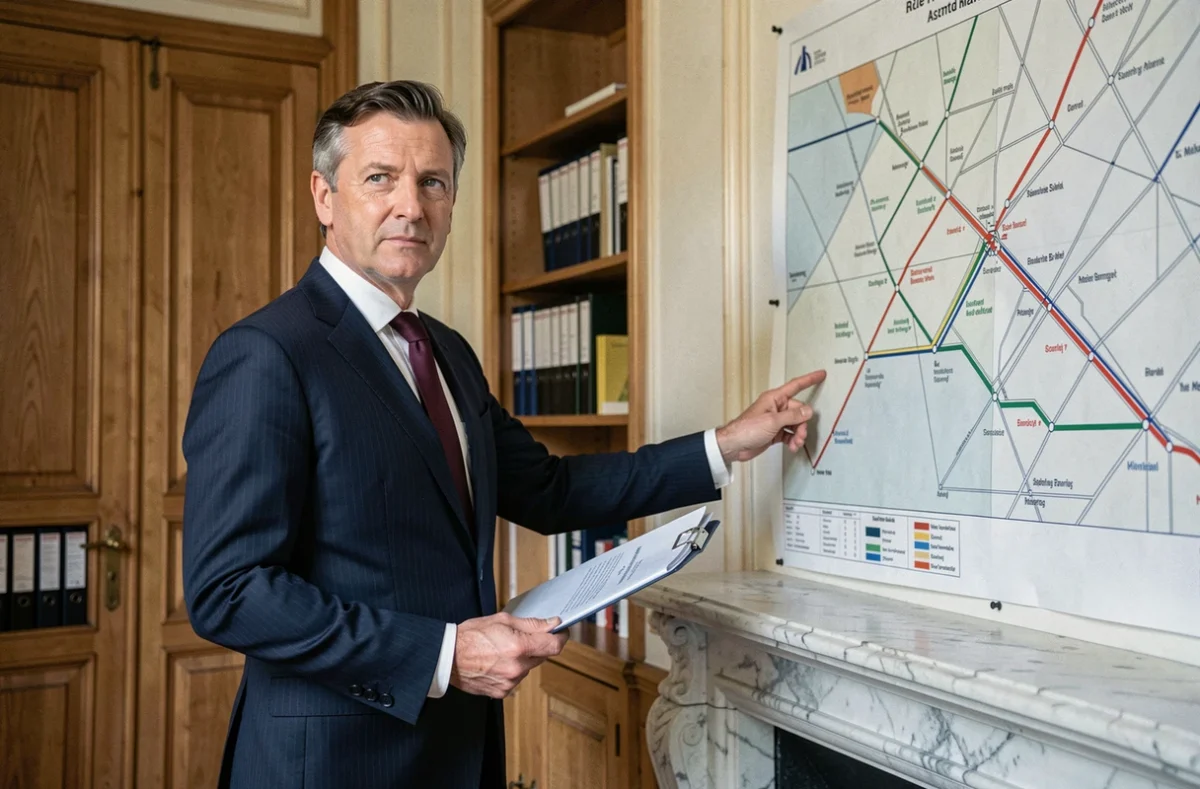 Philippe Tabarot, ministre des Transports 2026, dans un bureau ministériel parisien devant une carte du réseau ferroviaire français
