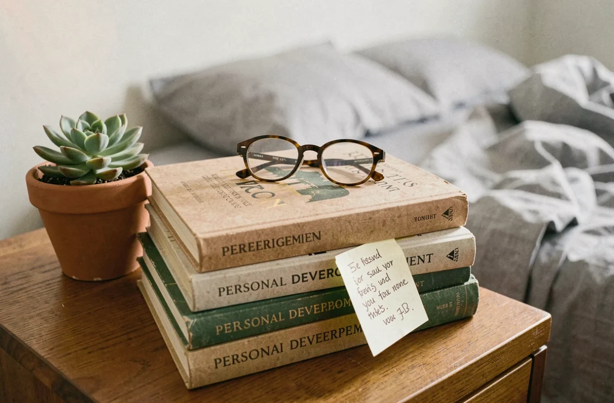 Pile de livres de développement personnel sur une table de nuit avec des annotations, des lunettes et une plante, style éditorial
