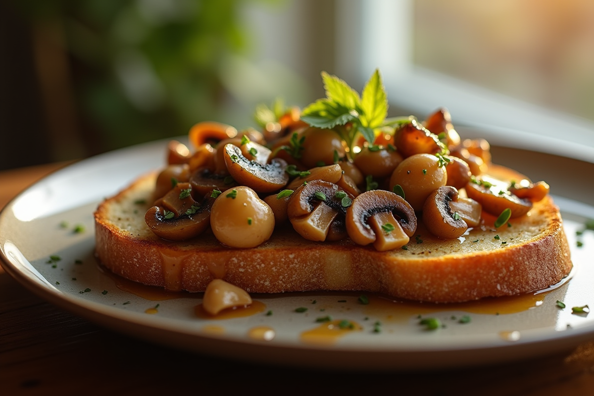 Plat gourmet de chanterelles sautées sur pain grillé