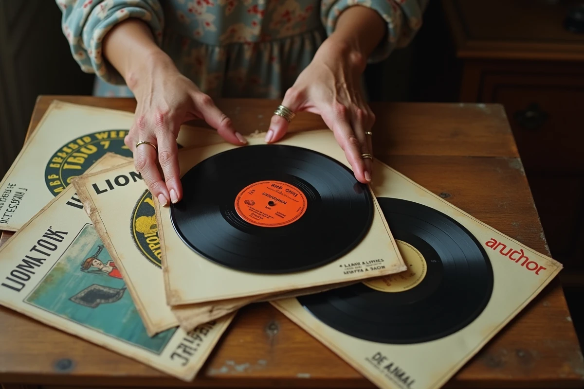 Gros plan sur des pochettes de 45 tours de chanson française des années 60 posées sur une table en bois parisienne