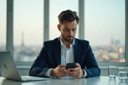 Jeune homme politique européen consultant son smartphone dans un bureau moderne à Paris, style éditorial contemporain