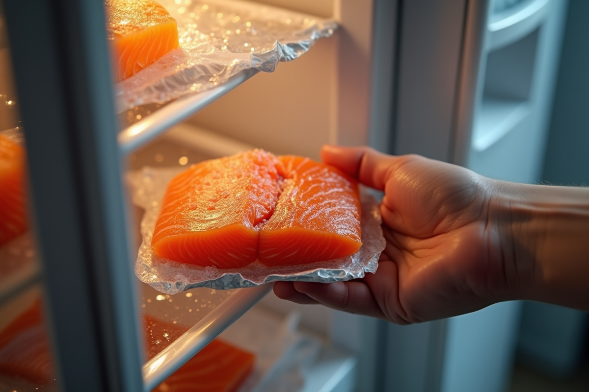 Main plaçant saumon congelé emballé dans le frigo avec lumière chaleureuse