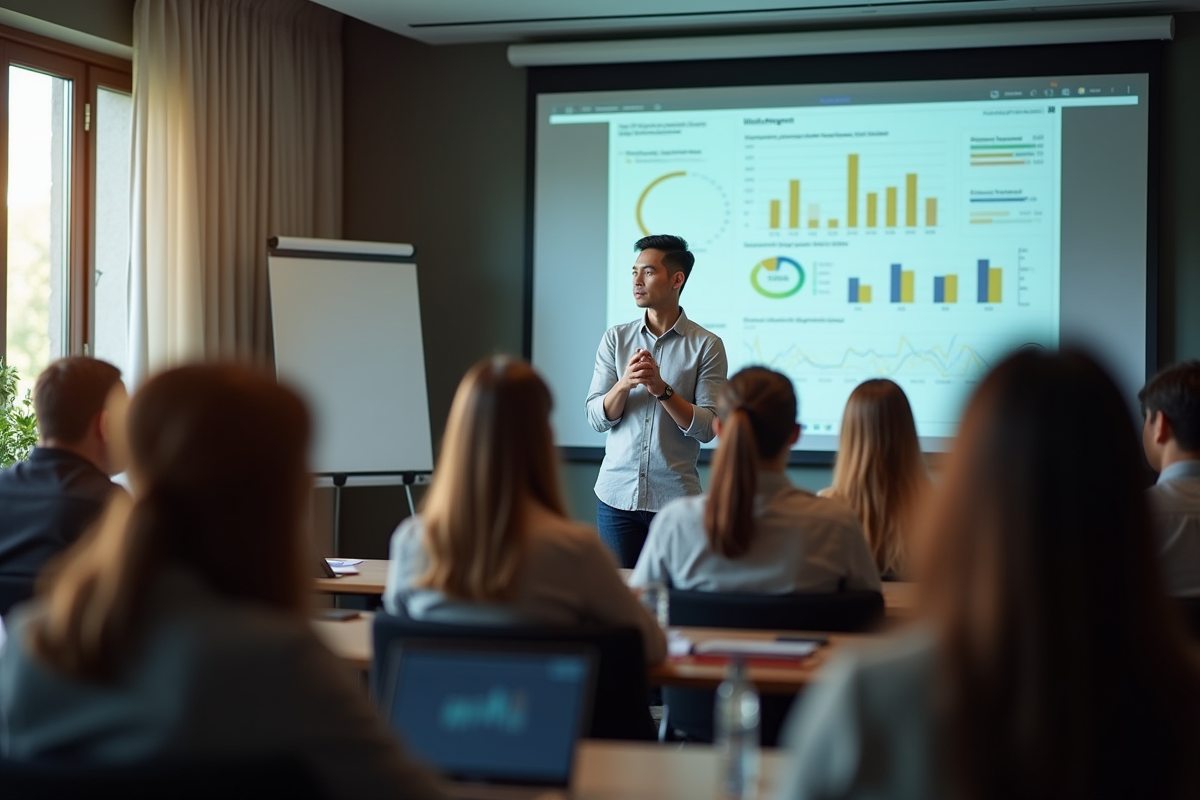 Homme présentant des graphiques SEO lors d