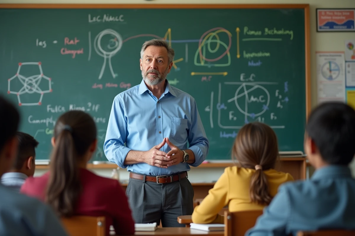 Professeur expliquant un diagramme scientifique à des lycéens