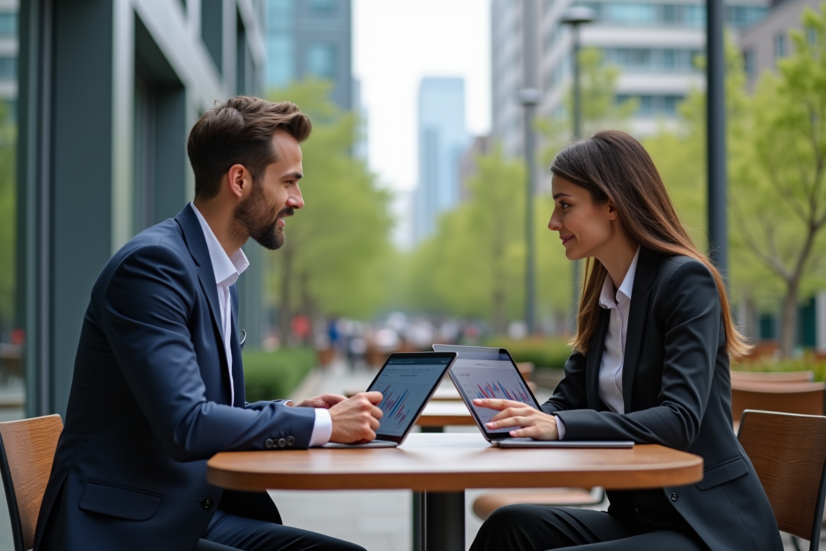 Deux professionnels discutant avec table et tablettes