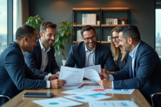 Groupe de professionnels financiers en réunion dans un bureau moderne