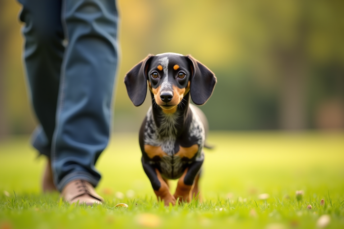 Chiot dachshund marche dans un parc en compagnie d