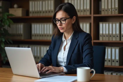 Femme professionnelle rédigeant un mail à un notaire sur son ordinateur portable dans un bureau à domicile