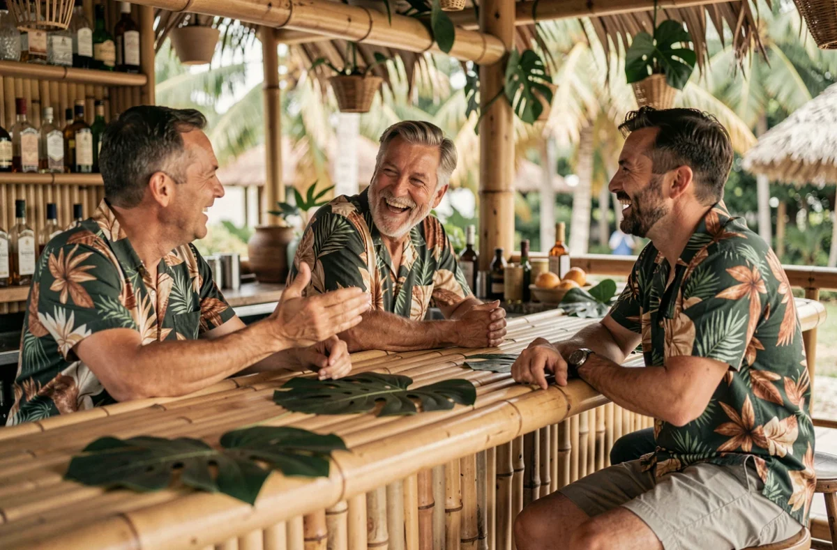 Trois hommes discutant et riant autour d'un comptoir de bar tropical en illustrant la convivialité de la règle du palmier