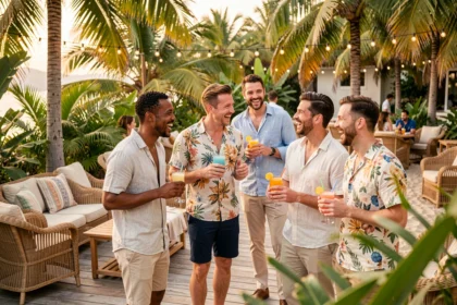 Groupe d'amis jouant avec la règle du palmier lors d'une soirée tropicale décontractée sur une terrasse en bois entourée de palmiers