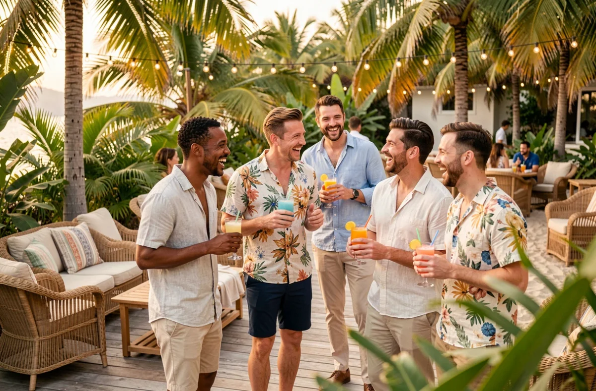 Groupe d'amis jouant avec la règle du palmier lors d'une soirée tropicale décontractée sur une terrasse en bois entourée de palmiers