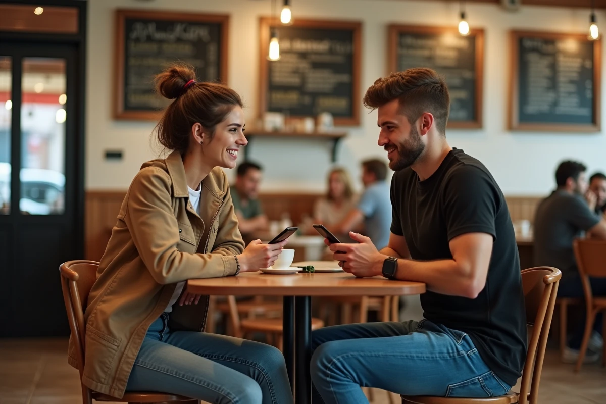Deux personnes souriantes dans un café consultant leurs téléphones après une rencontre via un tchat en ligne