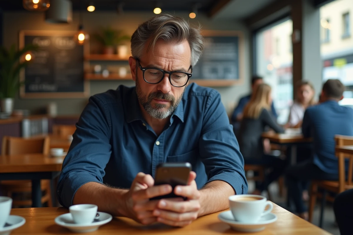 Homme méfiant examinant un profil suspect sur smartphone dans un café pour repérer une arnaque