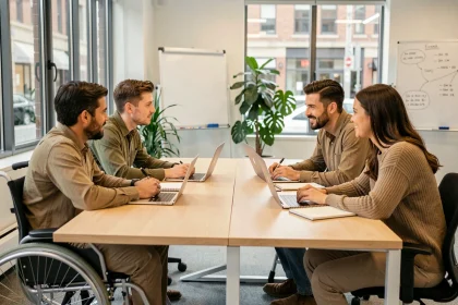 Groupe diversifié d'adultes en réunion inclusive autour d'une table de conférence, dont une personne en fauteuil roulant, illustrant le dialogue sur le validisme et le langage inclusif