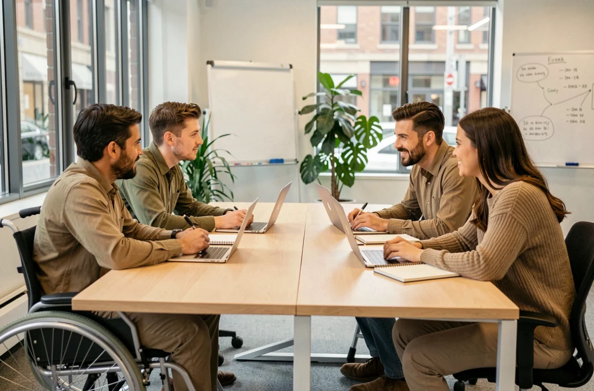 Groupe diversifié d'adultes en réunion inclusive autour d'une table de conférence, dont une personne en fauteuil roulant, illustrant le dialogue sur le validisme et le langage inclusif