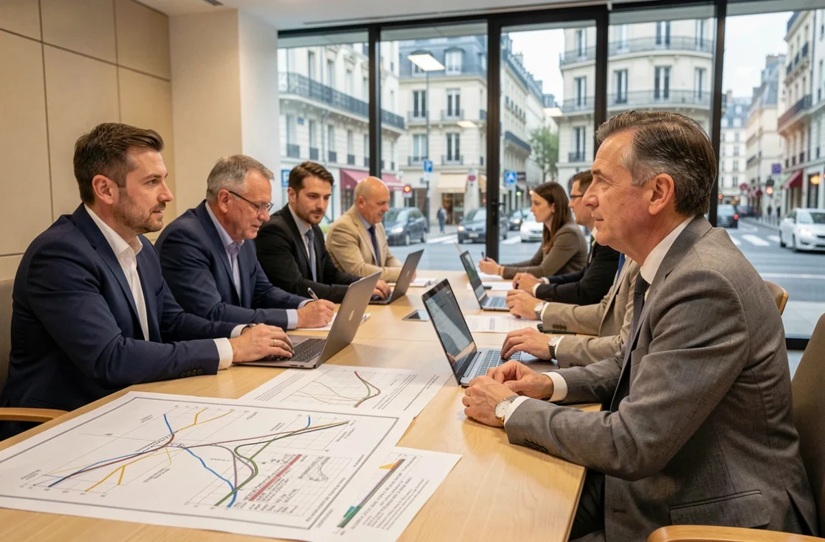 Réunion ministérielle sur les transports en France en 2026, avec ingénieurs et planificateurs urbains autour d'une table de conférence