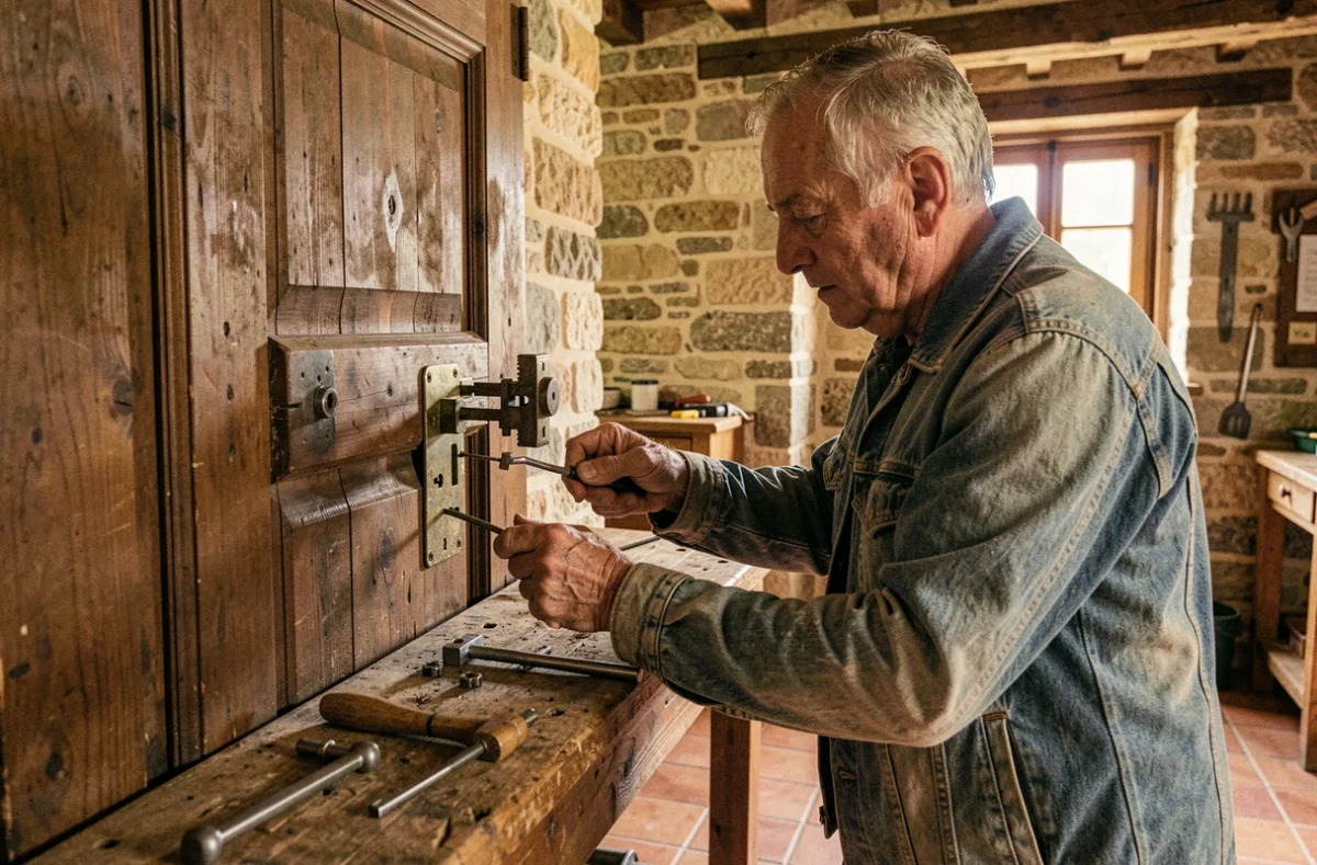 Serrurier de Roubert Ets à Cahors démontant une ancienne serrure à mortaise dans une ferme querçynoise en pierre