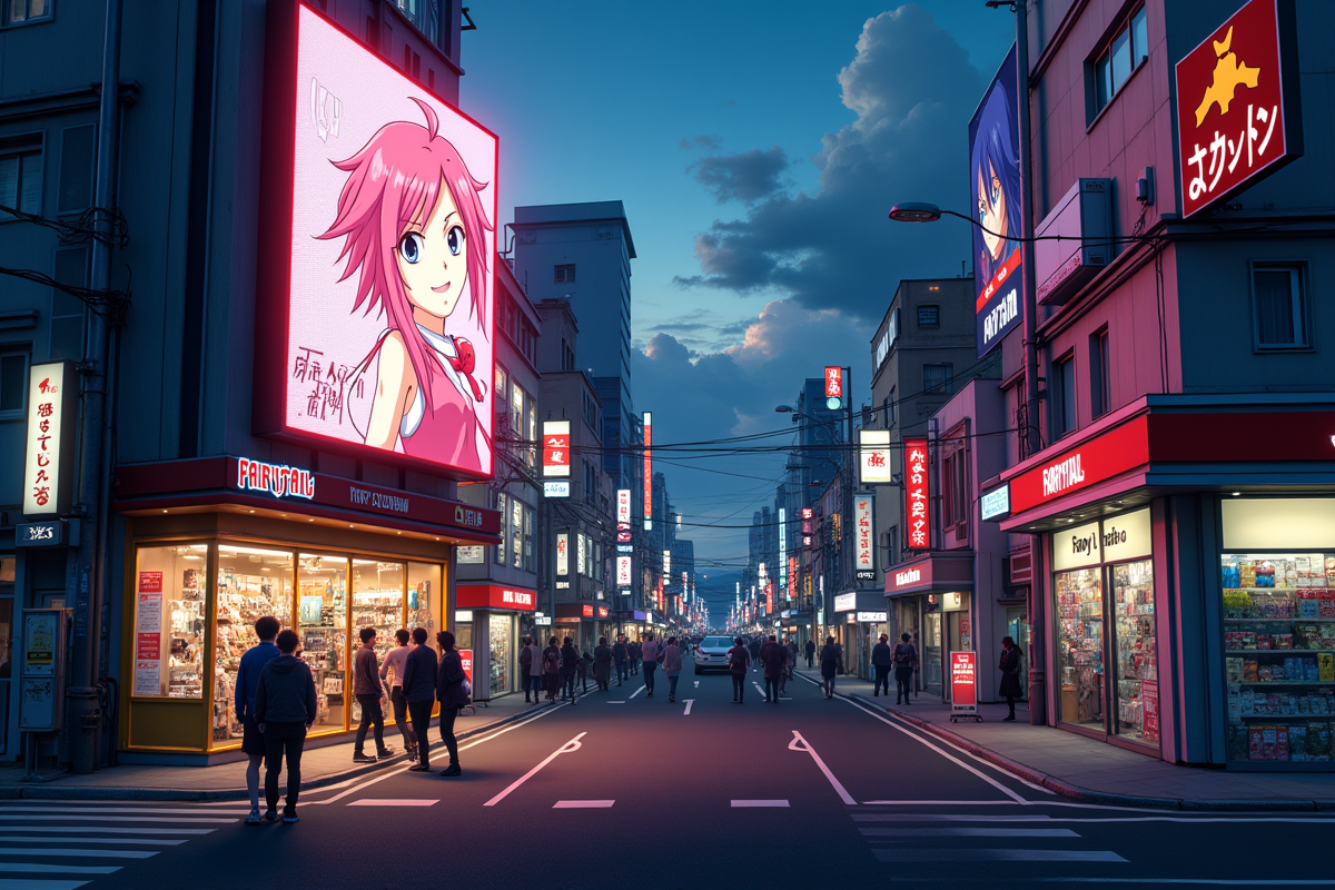 Rue japonaise la nuit avec néons et fans d