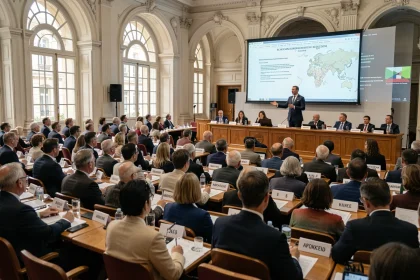 Grande salle de congrès international du notariat avec délégués en costume lors d'un événement officiel à Paris
