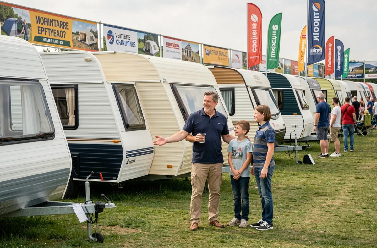 Salon d'exposition de mobil-homes en plein air avec plusieurs marques présentées, vendeur conseillant une famille devant différents modèles