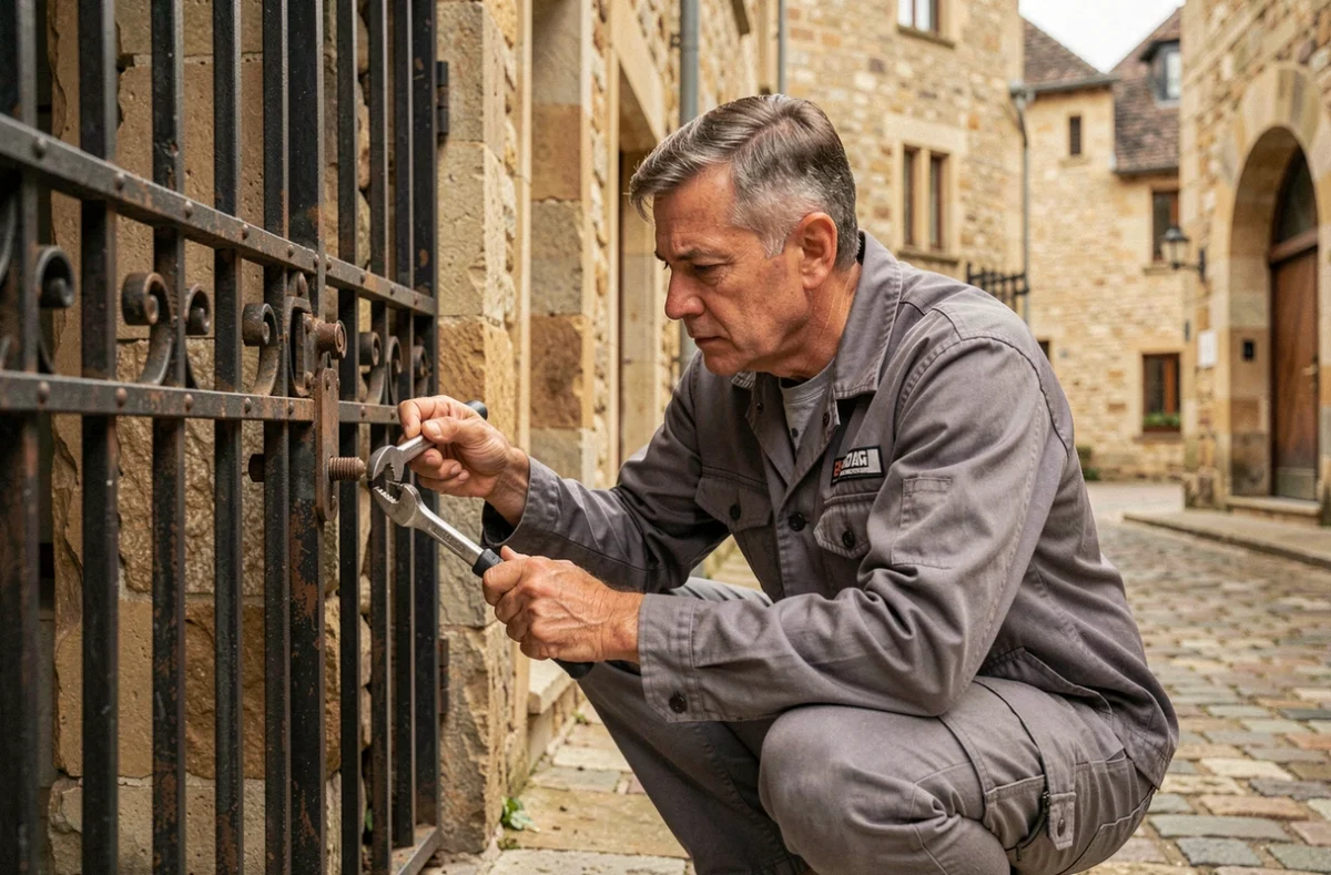 Serrurier des Serruriers Faure à Figeac réparant une serrure sur un portail en fer forgé dans la vieille ville médiévale