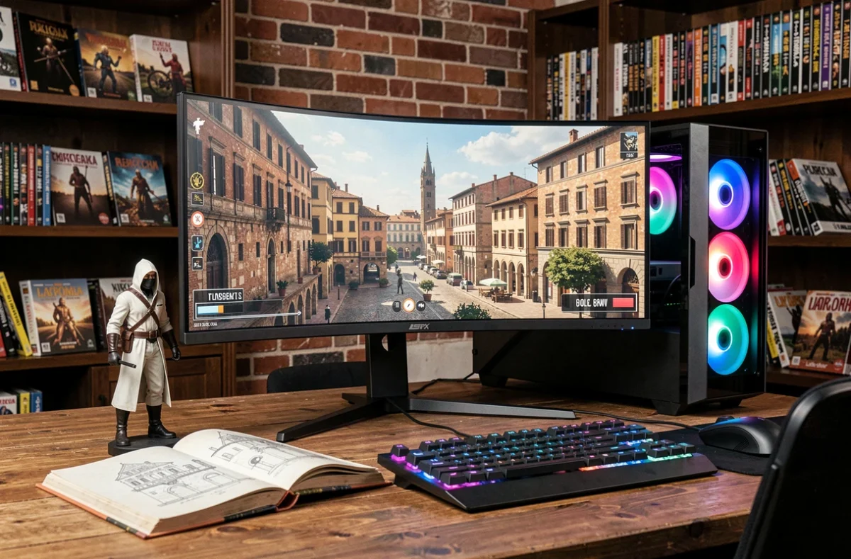 Setup gaming moderne avec trilogie Assassin's Creed Ezio sur écran ultrawide et figurine de collection sur bureau en bois