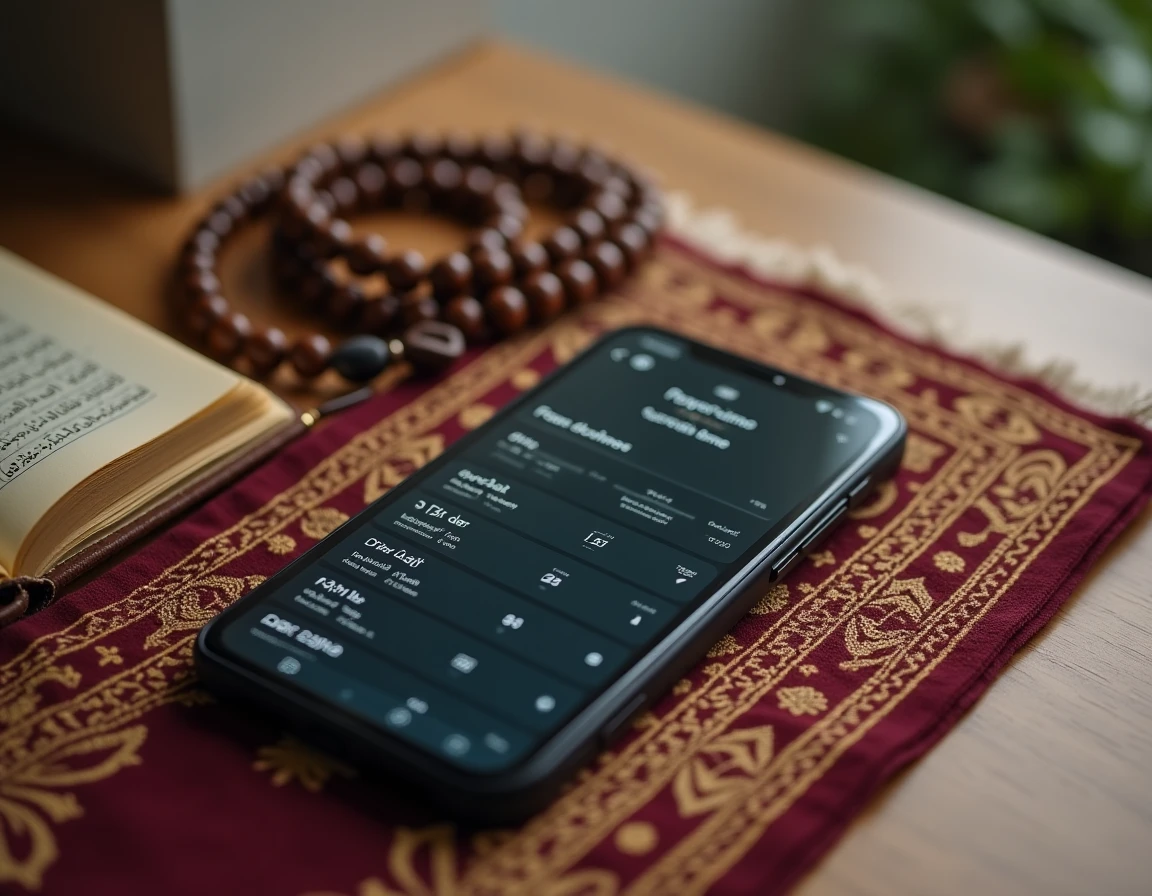 Smartphone affichant une application d'horaires de prière posé sur un tapis de prière avec un chapelet et un Coran