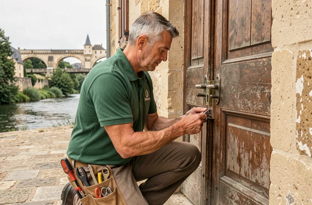 Serrurier de la Société Nouvelle Serrurerie Verdier à Cahors travaillant sur une serrure de porte ancienne avec le pont Valentré en arrière-plan