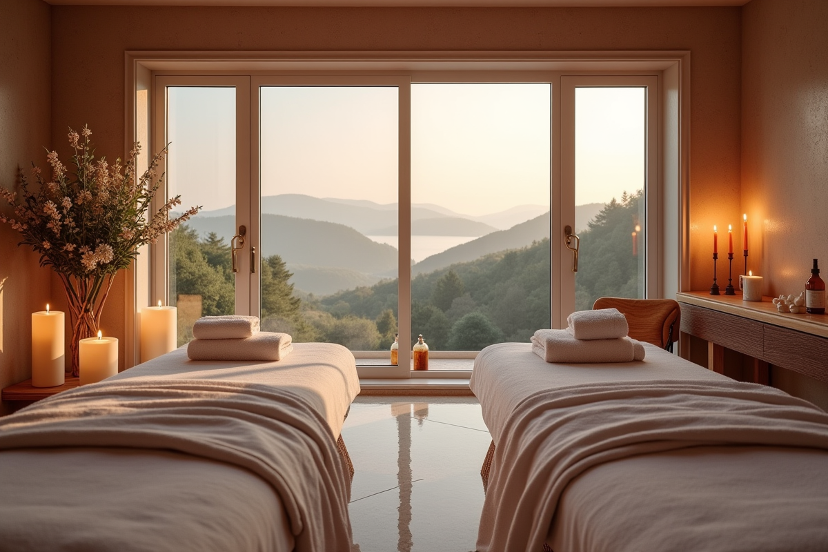 Intérieur spa cosy avec vue sur la Normandie et ambiance romantique
