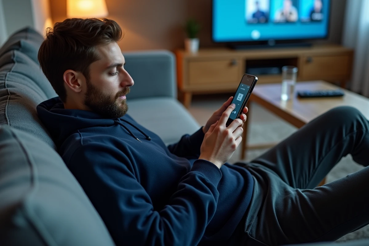 Homme consultant son application de suivi de séries sur smartphone depuis son canapé