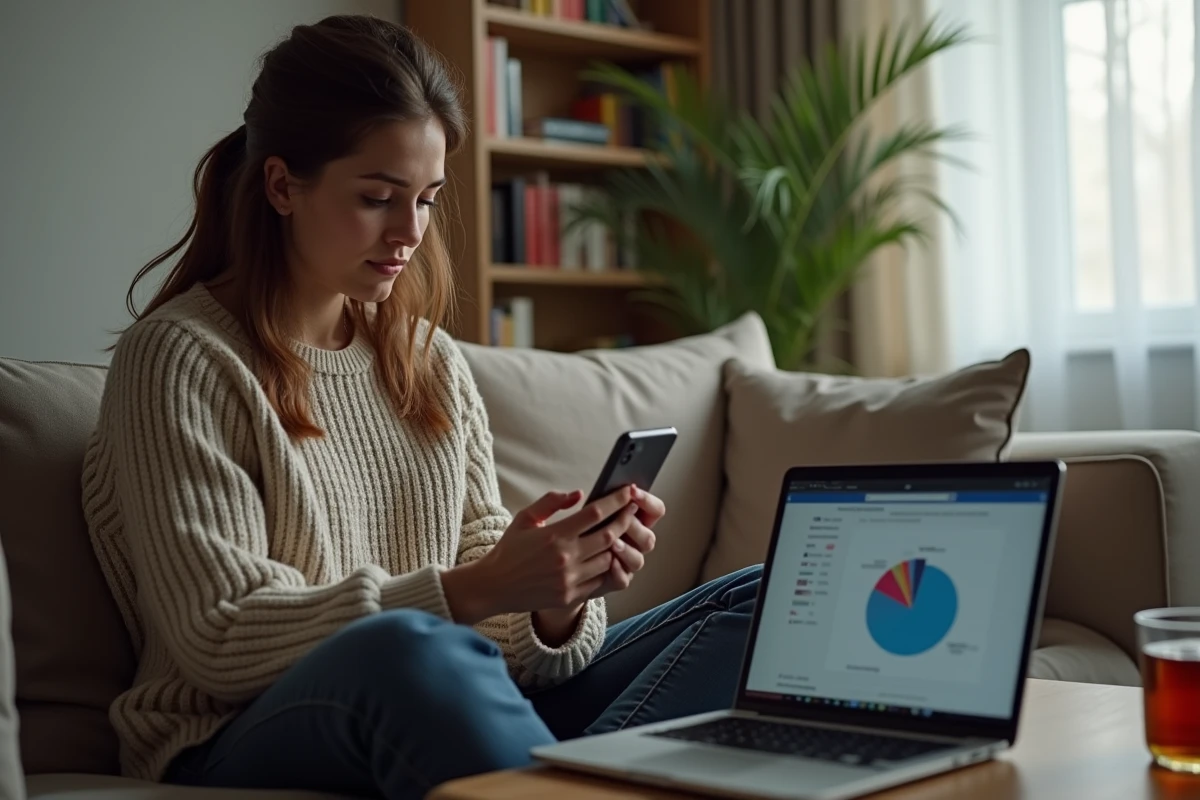 Jeune femme analysant son temps de jeu sur une application de suivi depuis son canapé