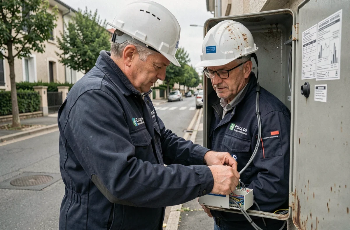 Technicien Europe Telecommunications travaillant sur un coffret télécom en rue
