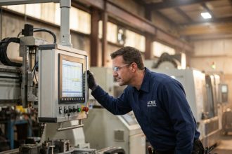 Technicien de maintenance industrielle consultant un panneau de contrôle automatisé sur une ligne de production