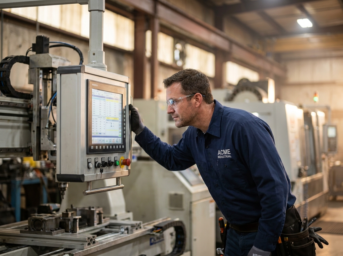 Technicien de maintenance industrielle consultant un panneau de contrôle automatisé sur une ligne de production