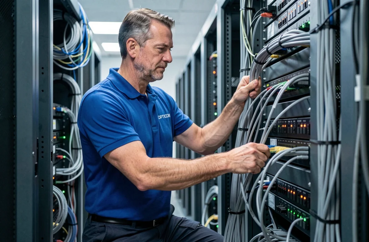 Technicien OPTICOM installant des câbles dans une salle serveur moderne