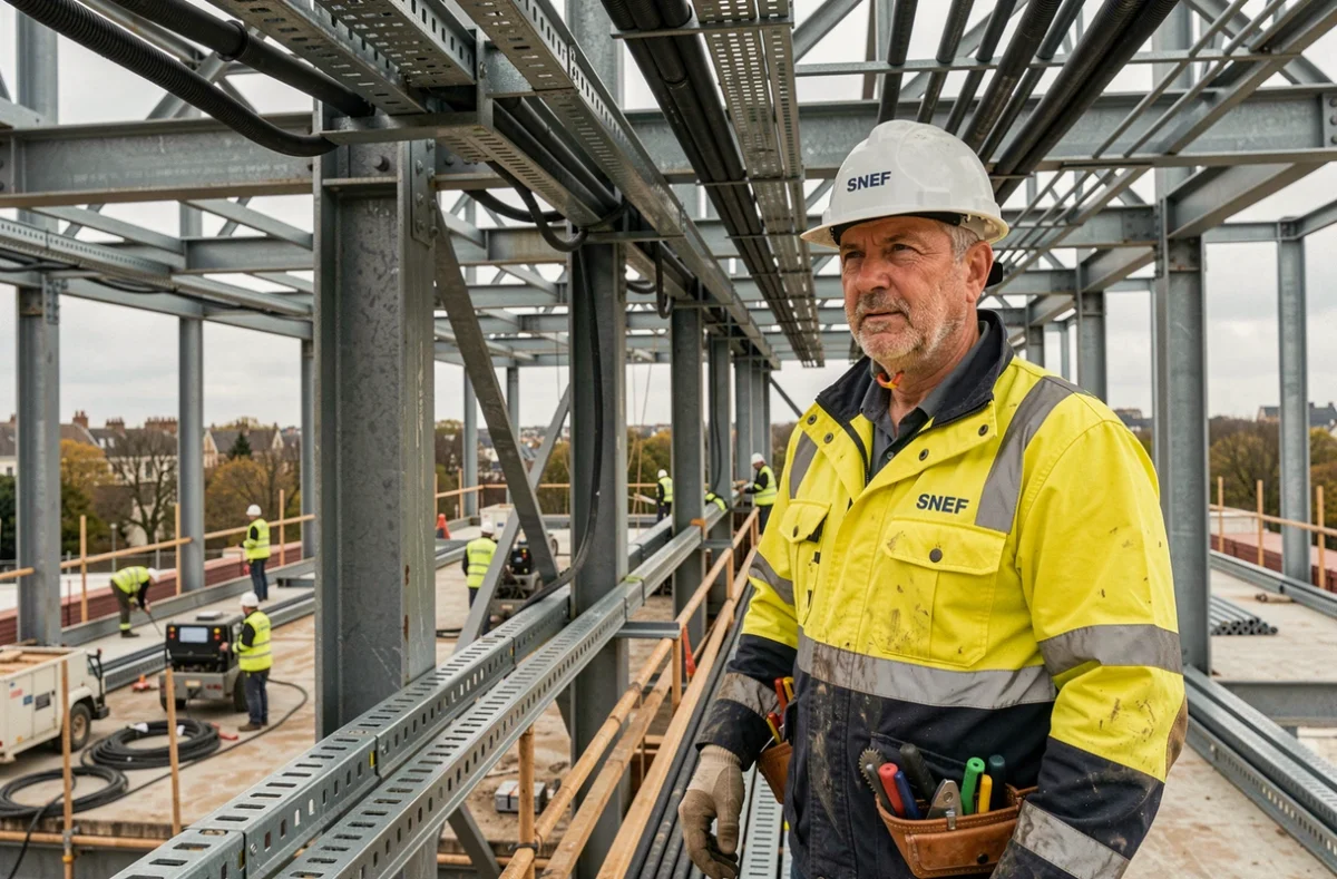 Technicien SNEF supervisant une installation électrique industrielle sur un chantier en banlieue parisienne