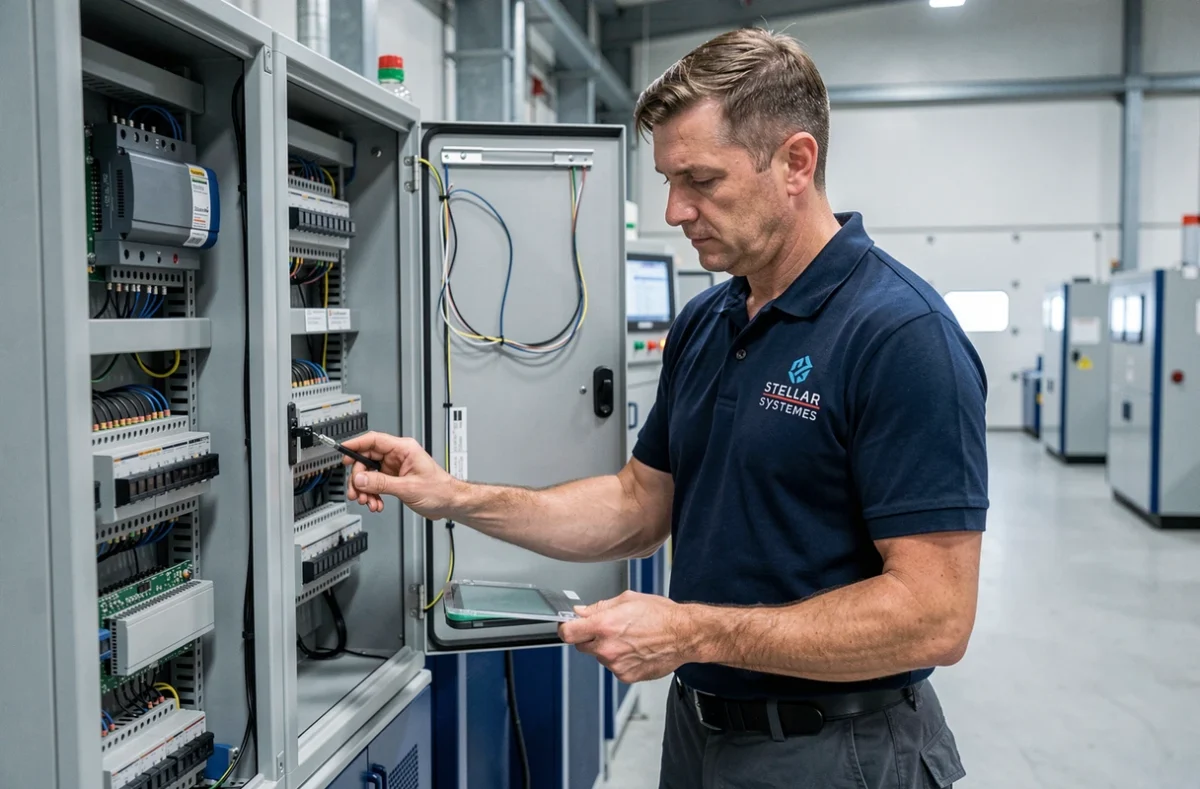 Technicien Stellar Electronic Systemes calibrant un cabinet d'automatisation industrielle