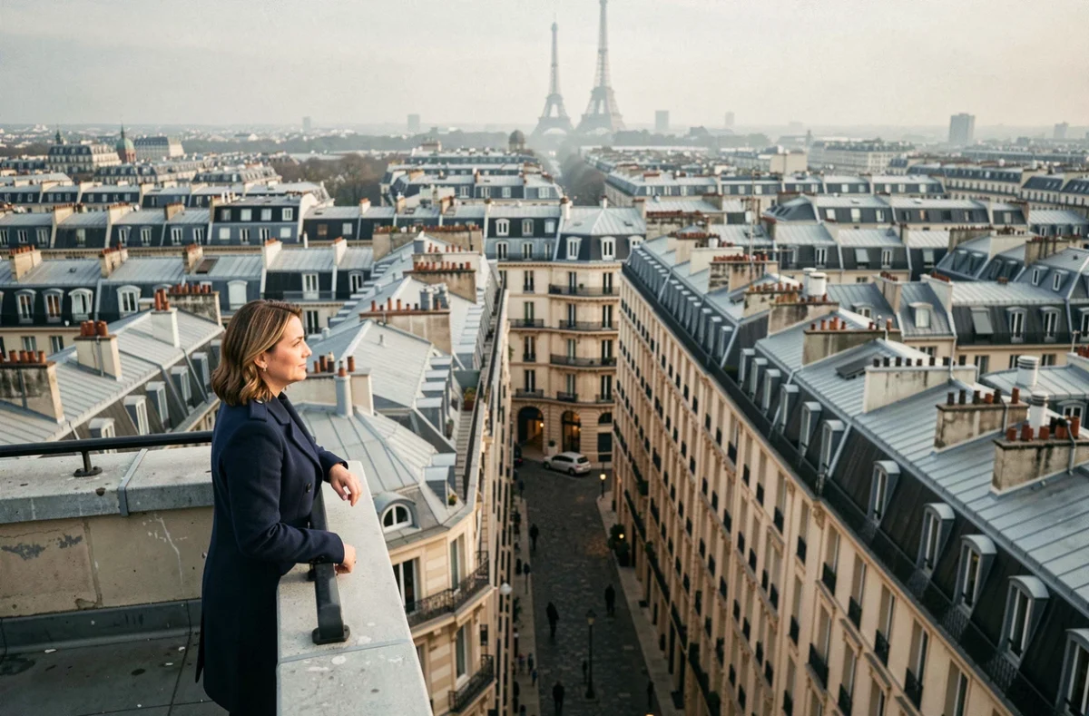 Femme contemplant la skyline parisienne depuis un toit avec vue sur les toits en zinc et la Tour Eiffel en arrière-plan, évoquant la croissance historique de Paris