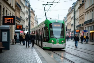 Tramway de Nantes à l'arrêt dans un quartier urbain avec passagers qui montent et descendent, bâtiments haussmanniens en arrière-plan